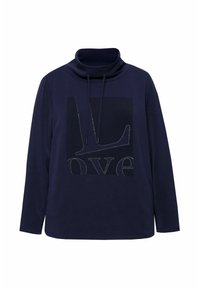 Marinblå höghalserad sweatshirt med en avslappnad passform. Har dragsko och en grafisk design som visar ordet "love" i strass.