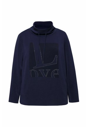 Navyblauwe coltrui met een relaxte pasvorm. Voorzien van trekkoorden en een grafisch ontwerp met het woord "love" in rhinestones.