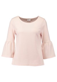 Světle růžový top s kulatým výstřihem a rukávy po lokty se zvonovým zakončením; vyroben z jemné tkaniny s hladkým povrchem; minimalistický design.