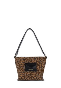 Tasche im Leopardenmuster mit einer schwarzen Lederakzenttasche, schwarzem Schultergurt und rechteckiger Form. Strukturiertes Gewebe und glatte Lederdetails.