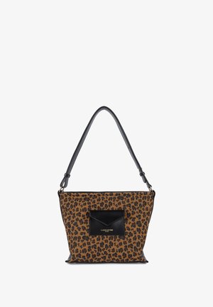 Leopard print handbag with a black leather accent pocket, black shoulder strap, and rectangular shape. Textured fabric and smooth leather details.