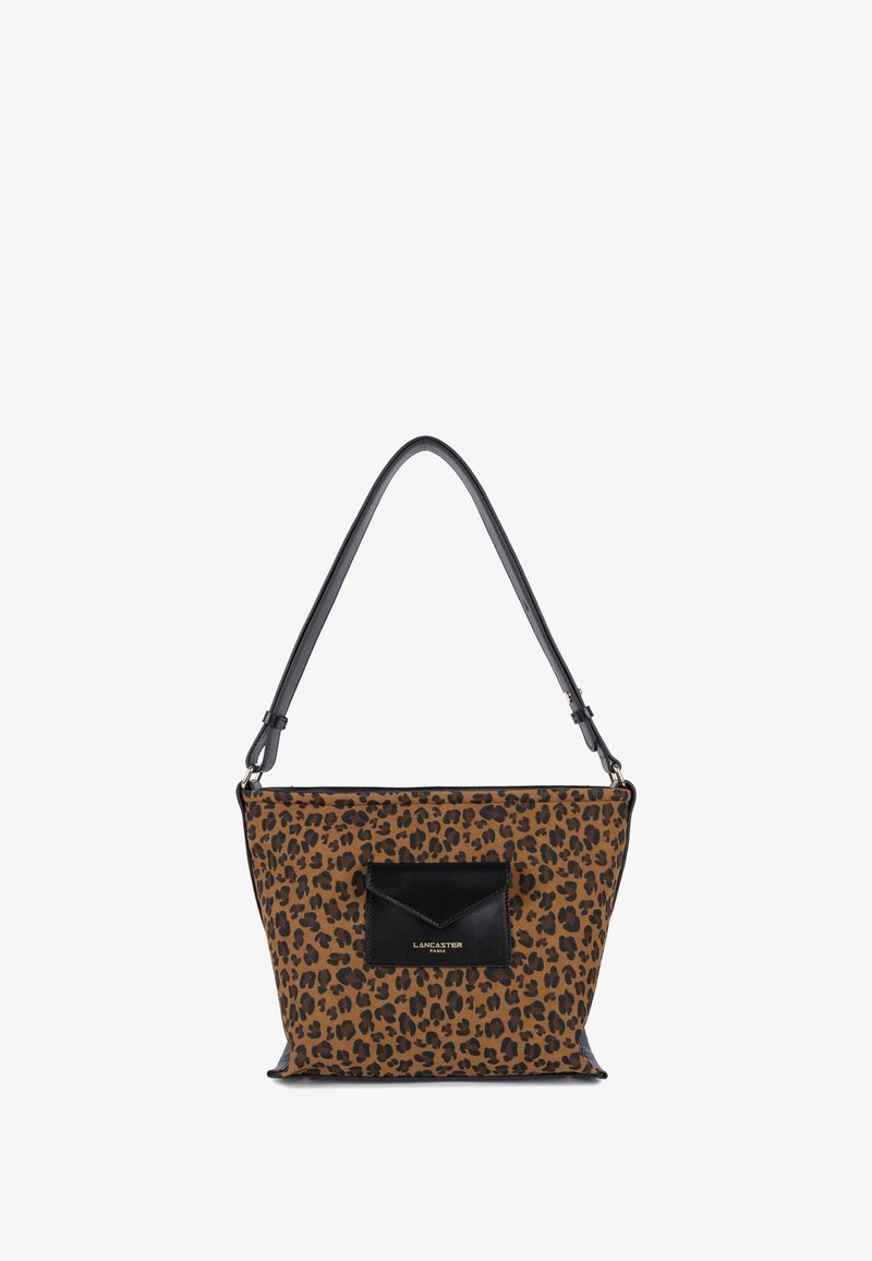 Borsa a tracolla con stampa leopardata, tasca accentata in pelle nera, tracolla nera e forma rettangolare. Tessuto testurizzato e dettagli in pelle liscia.
