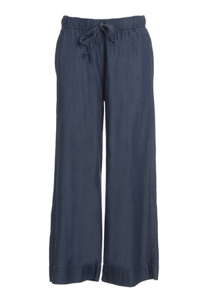 Pantalones de pierna ancha azul marino hechos de tela ligera, con una cintura elástica y cordón ajustable, y una textura suave.