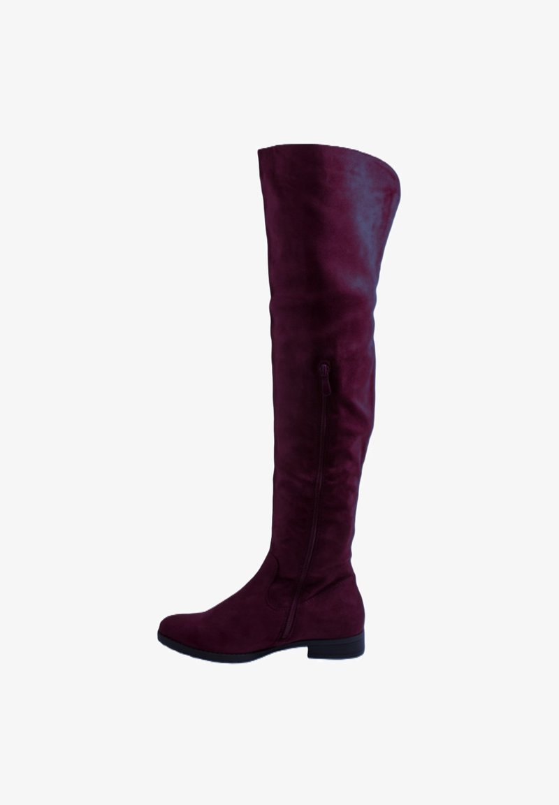 Stivale alto in suede rosso scuro, sopra il ginocchio, con tacco basso e zip laterale su sfondo bianco.