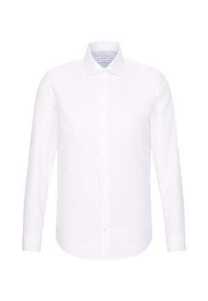 Hvid formel skjorte med lange ærmer, spids krave og knapper foran, vist mod en ensartet hvid baggrund.