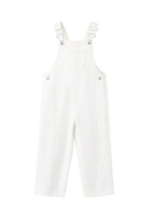 Salopette blanche pour enfants avec bretelles réglables, poche poitrine avant et panneaux latéraux texturés décoratifs.