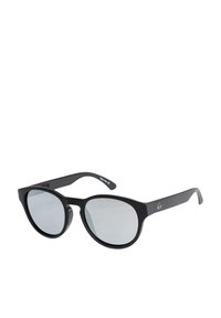 Svarta solglasögon med runda bågar, grå linser och matt yta. Inkluderar en logotypaccent på bågarna.