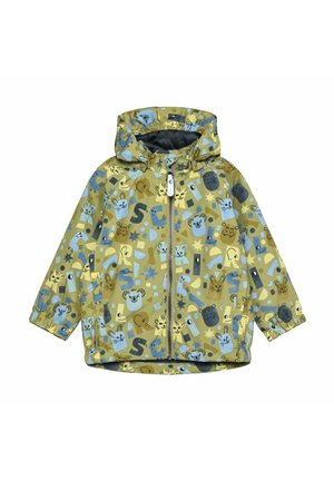 Kinderkapuzenregenjacke in Gelb mit blauen und braunen Tiergesichtern und geometrischen Formen, Frontreißverschluss und elastischen Bündchen.