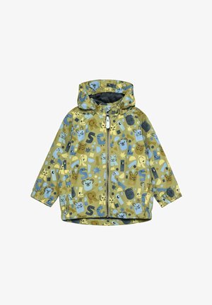 Veste de pluie jaune à capuche pour enfants, avec des visages d'animaux bleus et bruns ainsi que des formes géométriques, fermeture éclair à l'avant et poignets élastiques.