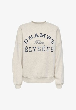 Sudadera beige con cuello redondo con texto azul marino "CHAMPS ÉLYSÉES" y la palabra "Paris" en cursiva más pequeña centrada en el frente.