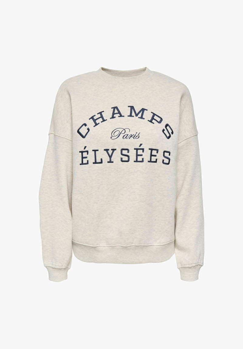 Beež värvi ümarkaelusega pusa tumesinise tekstiga "CHAMPS ÉLYSÉES" ja väiksema käekirjalise sõnaga "Paris", mis on ette keskele trükitud.