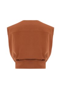 Rostfarbener ärmelloser Top aus glattem Stoff, mit rundem Halsausschnitt und gerafftem Saumdetail an der Taille.