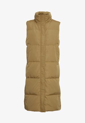 Gilet senza maniche color beige, con collo alto, design trapuntato e zip frontale. Presenta una texture liscia e due tasche laterali.