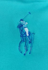 Turkost tyg med ett broderat mönster av en ryttare på en häst, med nyanser av blått och detaljerade accenter på ryttarens klädsel.