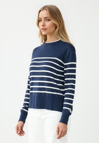 Sweter w paski w odcieniach granatu, wykonany z miękkiego materiału, z poziomymi białymi paskami, okrągłym dekoltem i długimi rękawami z ribbowanymi mankietami.