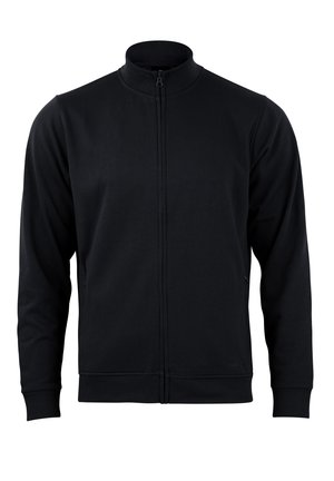 Schwarze Zip-Jacke aus weichem, strukturiertem Stoff. Mit hohem Kragen, langen Ärmeln und seitlichen Taschen für Praktikabilität.