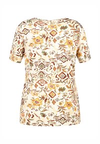 Bloemendessin blouse met korte mouwen in crème, met gele en bruine patronen en groene accenten, een ontspannen pasvorm en een ronde hals.
