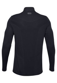 Schwarzes langärmeliges Sportshirt mit hohem Kragen, strukturiertem Stoff und tailliertem Design. Verfügt über ein Logo auf dem oberen Rücken.