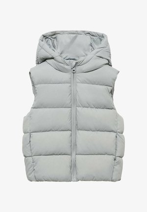 Gilet rembourré gris clair avec fermeture éclair sur le devant, design isolé, capuche et coutures horizontales pour la texture. Sans manches, matériau doux.