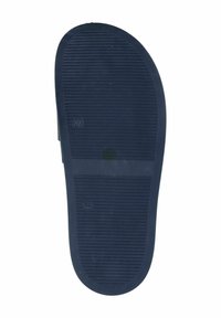 Donkerblauwe rubberen sandalen zool met een gestructureerd, geribbeld patroon voor grip. Beschikt over een gladde afwerking en gebogen randen.