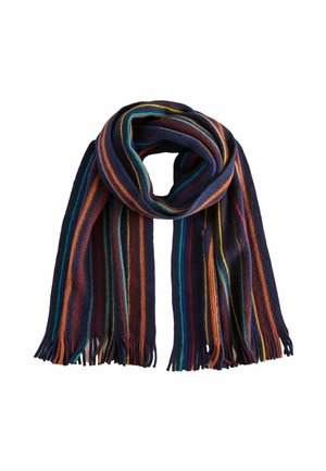 Wool scarf featuring dark navy background with vibrant multi-colored stripes. Finished with fringed edges for added texture.