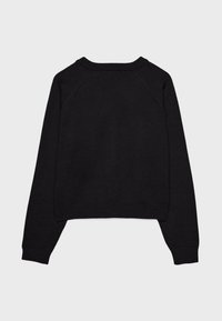 Pull noir à manches longues avec encolure ronde, poignets, ourlet et col côtelés, présenté à plat sur un fond clair montrant le dos.