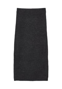 Jupe en tricot gris foncé, avec une taille côtelée et une texture lisse. Design simple et droit sans motifs ni accents visibles.