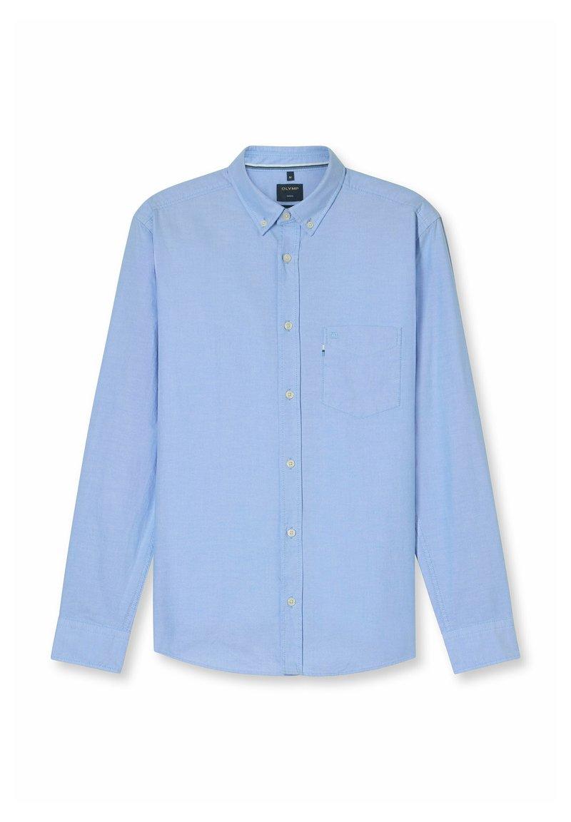 Blauw overhemd met lange mouwen gemaakt van lichtgewicht stof, voorzien van een button-down kraag, een borstzak en subtiele textuurdetails.