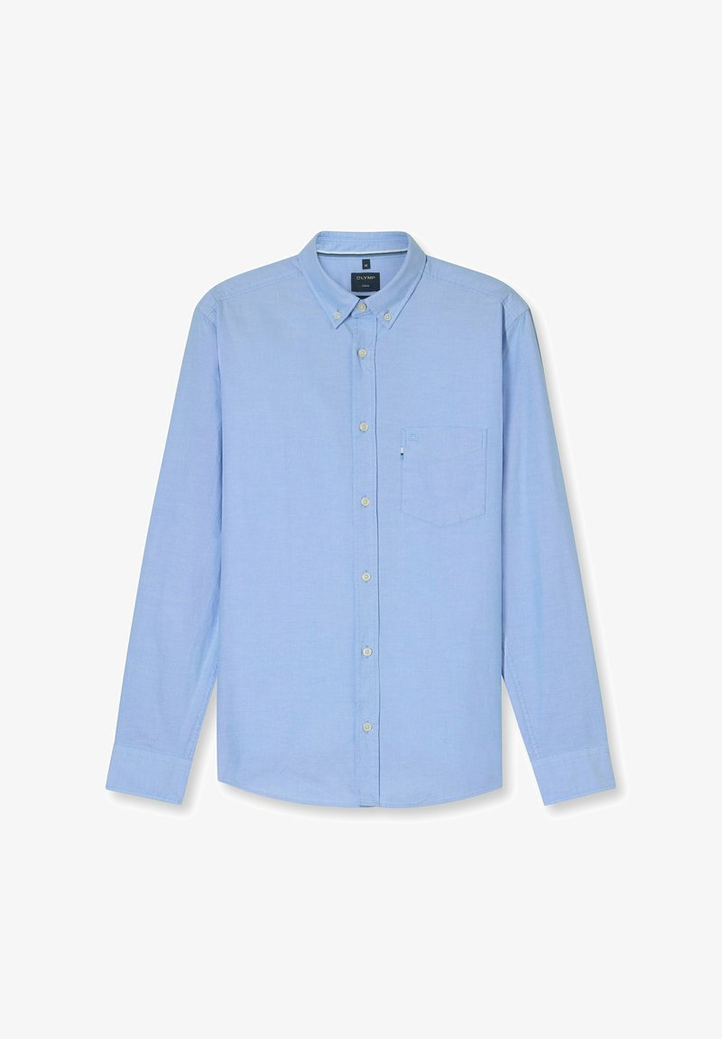 Blauw overhemd met lange mouwen gemaakt van lichtgewicht stof, voorzien van een button-down kraag, een borstzak en subtiele textuurdetails.