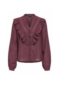 Blouse boutonnée bordeau en tissu à pois texturé, avec un détail froncé sur le devant et des manches longues à poignets élastiqués. Légère et polyvalente.
