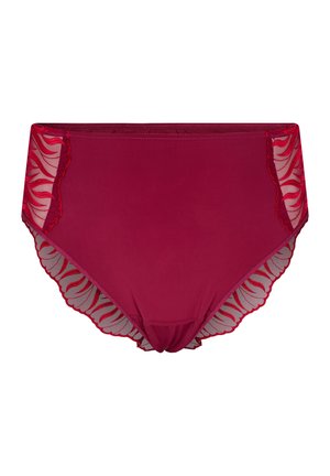Red high-waisted panties with sheer lace sides featuring a wavy pattern, scalloped edges, and a smooth, opaque central panel.