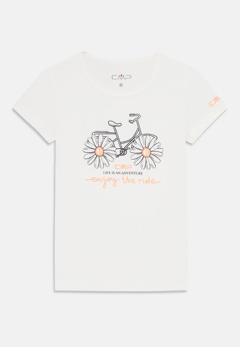 Biely bavlnený tričko s grafikou bicykla, ktorý má kvetinové kolesá v tvare sedmokrások a oranžový text "užívaj si jazdu." Logo CMP na rukáve.