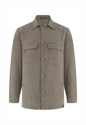 Męska długa szara koszula na guziki z kołnierzykiem w kształcie litery V oraz dwoma kieszeniami z patkami na piersi.