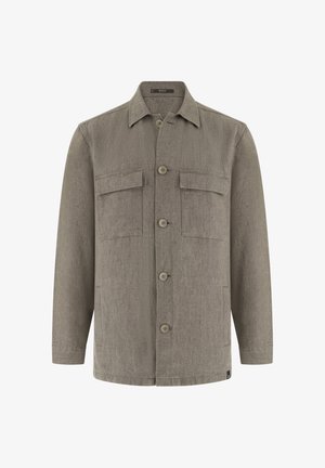 Męska długa szara koszula na guziki z kołnierzykiem w kształcie litery V oraz dwoma kieszeniami z patkami na piersi.