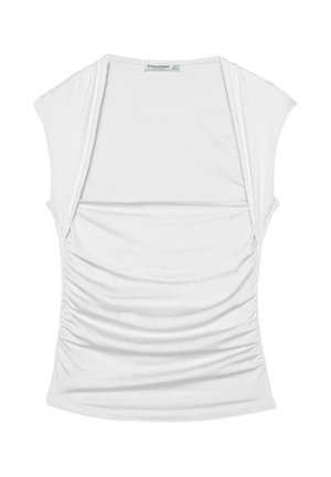 Top bianco arricciato senza maniche con ampie aperture sulle spalle e silhouette aderente, disteso su sfondo bianco.