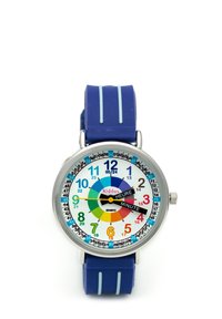Montre-bracelet en silicone bleu avec un cadran blanc, des index horaires colorés et un mouvement à quartz. Elle dispose d'aiguilles des heures et des minutes noires, étiquetées en français.