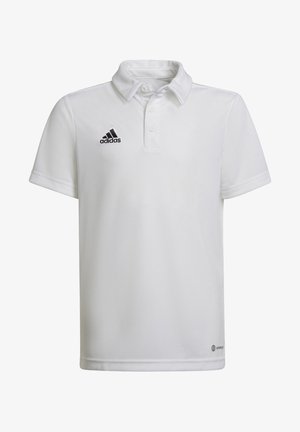 Polo shirt bianco realizzato in un tessuto liscio, con colletto classico, patta con tre bottoni e logo Adidas nero sul lato sinistro del petto.