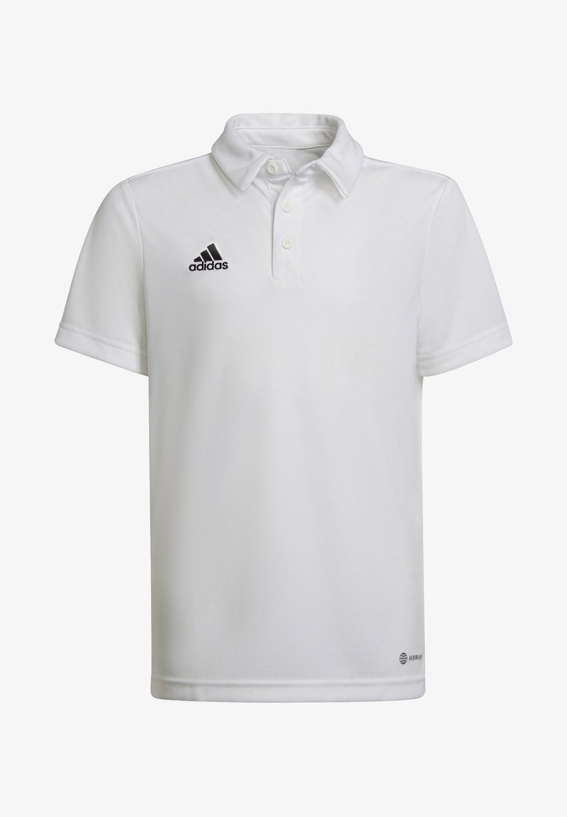 Biała koszulka polo wykonana z gładkiego materiału, z klasycznym kołnierzykiem, trzema guzikami oraz czarnym logo Adidas na lewej piersi.