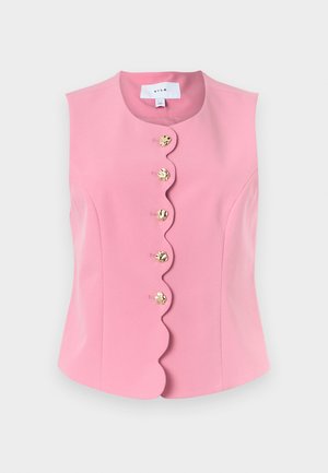 Gilet rosa senza maniche con bordo anteriore smerlato e cinque bottoni decorativi rotondi in oro disposti al centro.