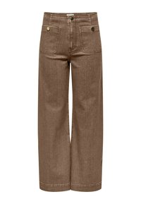 Pantalons en denim marron à larges jambes, avec une taille haute, deux poches avant et des accents en métal doré sur les poches.