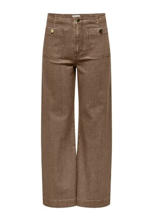 Pantalons en denim marron à larges jambes, avec une taille haute, deux poches avant et des accents en métal doré sur les poches.