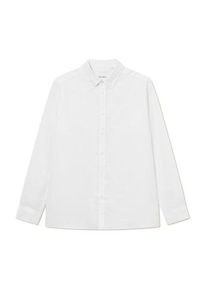 Camicia bianca a maniche lunghe in lino, con colletto alla francese, maniche lunghe e un sottile logo ricamato sul petto. Design semplice.