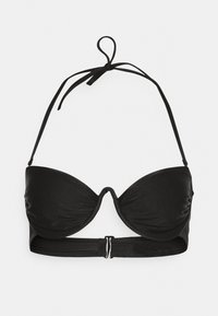 Top de bikini preto acolchoado com alças torcidas, textura suave e fecho de clasp nas costas. Apresenta uma forma estruturada para suporte.