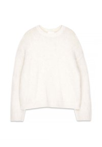 Pull blanc en laine moelleuse avec un col rond, des manches longues et une coupe décontractée. Fabriqué à partir d'un tissu doux et texturé, il présente des poignets et un ourlet côtelés.