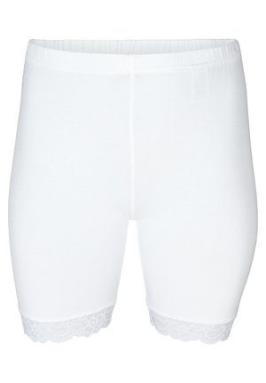 Weiße Baumwollshorts mit elastischem Taillenbund und zarter Spitzenborte am Saum. Glatte Textur und bescheidene Länge für einen angenehmen Tragekomfort.