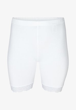 White cotton shorts featuring a stretchy waistband and delicate lace trim at the hem. Smooth texture and modest length for comfortable wear.