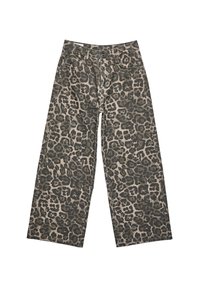 Pantaloni in denim a gamba larga con motivo a stampa leopardata in tonalità di beige e verde scuro, dotati di un classico design a cinque tasche e chiusura con bottone.