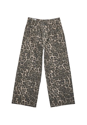 weit geschnittene Jeans mit Leo-Muster in Beigetönen und dunklem Grün, klassischem Five-Pocket-Design und Knopfverschluss.