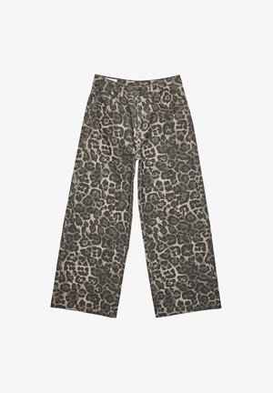 Wijde spijkerbroek met een luipaardprint in tinten beige en donkergroen, met een klassiek vijf-pocket ontwerp en een knoopsluiting.