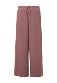 Pantalons amples à taille lâche de couleur rose poussiéreux, en tissu texturé, avec une taille élastique et un cordon de serrage pour un ajustement réglable.
